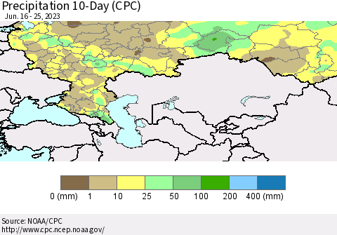 Russian Federation Precipitation 10-Day (CPC) Thematic Map For 6/16/2023 - 6/25/2023