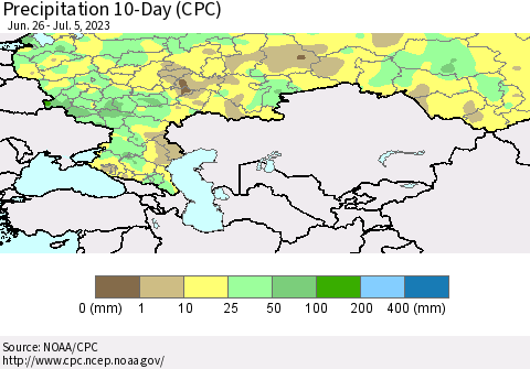 Russian Federation Precipitation 10-Day (CPC) Thematic Map For 6/26/2023 - 7/5/2023