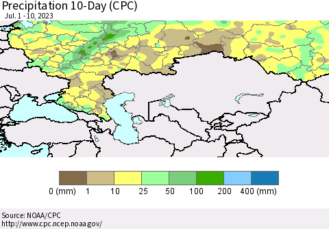Russian Federation Precipitation 10-Day (CPC) Thematic Map For 7/1/2023 - 7/10/2023