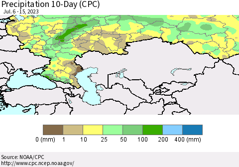 Russian Federation Precipitation 10-Day (CPC) Thematic Map For 7/6/2023 - 7/15/2023