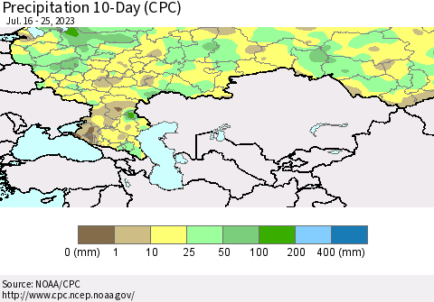 Russian Federation Precipitation 10-Day (CPC) Thematic Map For 7/16/2023 - 7/25/2023