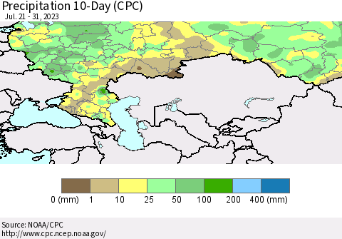 Russian Federation Precipitation 10-Day (CPC) Thematic Map For 7/21/2023 - 7/31/2023