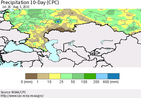 Russian Federation Precipitation 10-Day (CPC) Thematic Map For 7/26/2023 - 8/5/2023