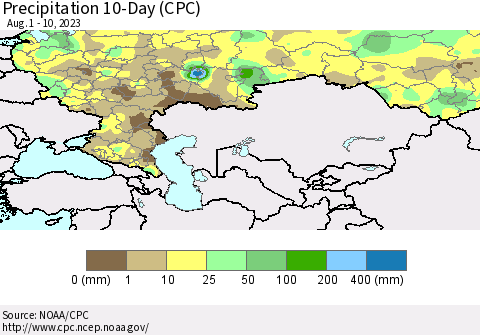 Russian Federation Precipitation 10-Day (CPC) Thematic Map For 8/1/2023 - 8/10/2023