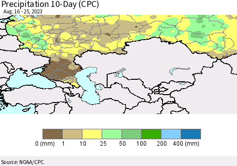 Russian Federation Precipitation 10-Day (CPC) Thematic Map For 8/16/2023 - 8/25/2023