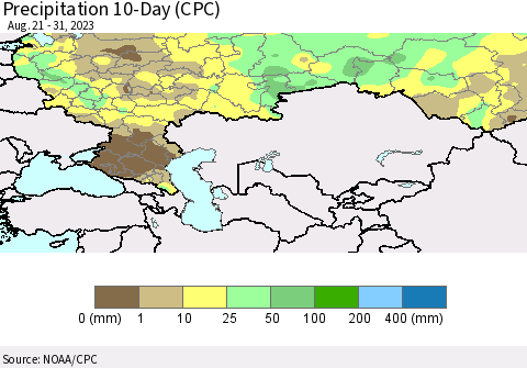 Russian Federation Precipitation 10-Day (CPC) Thematic Map For 8/21/2023 - 8/31/2023