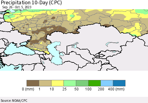 Russian Federation Precipitation 10-Day (CPC) Thematic Map For 9/26/2023 - 10/5/2023