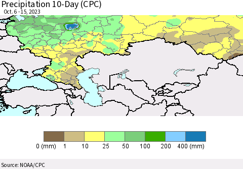 Russian Federation Precipitation 10-Day (CPC) Thematic Map For 10/6/2023 - 10/15/2023