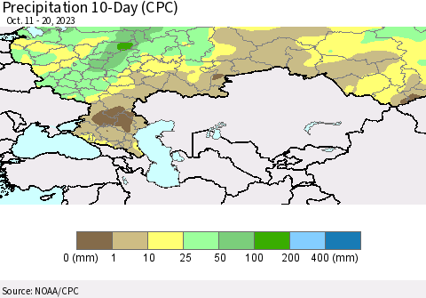 Russian Federation Precipitation 10-Day (CPC) Thematic Map For 10/11/2023 - 10/20/2023