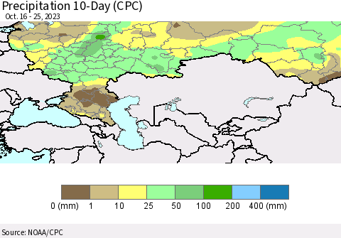 Russian Federation Precipitation 10-Day (CPC) Thematic Map For 10/16/2023 - 10/25/2023