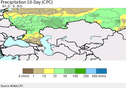 Russian Federation Precipitation 10-Day (CPC) Thematic Map For 10/21/2023 - 10/31/2023