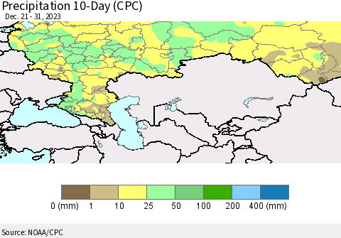 Russian Federation Precipitation 10-Day (CPC) Thematic Map For 12/21/2023 - 12/31/2023