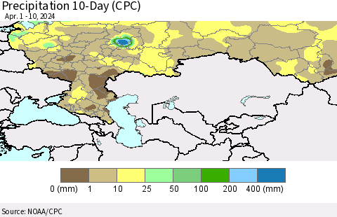Russian Federation Precipitation 10-Day (CPC) Thematic Map For 4/1/2024 - 4/10/2024