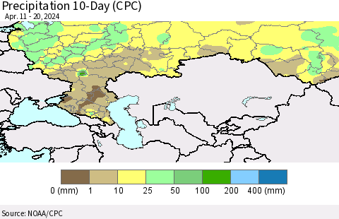 Russian Federation Precipitation 10-Day (CPC) Thematic Map For 4/11/2024 - 4/20/2024