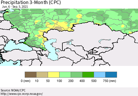 Russian Federation Precipitation 3-Month (CPC) Thematic Map For 6/6/2021 - 9/5/2021