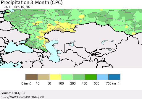 Russian Federation Precipitation 3-Month (CPC) Thematic Map For 6/11/2021 - 9/10/2021