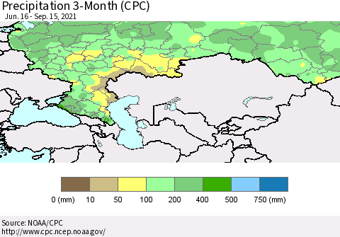 Russian Federation Precipitation 3-Month (CPC) Thematic Map For 6/16/2021 - 9/15/2021
