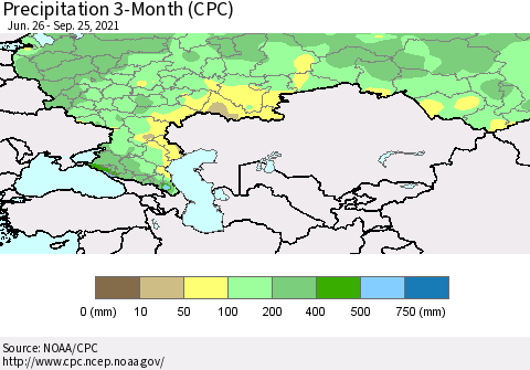 Russian Federation Precipitation 3-Month (CPC) Thematic Map For 6/26/2021 - 9/25/2021