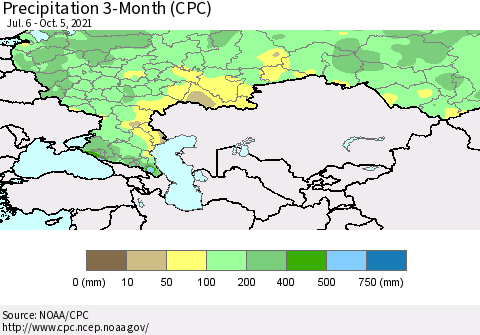 Russian Federation Precipitation 3-Month (CPC) Thematic Map For 7/6/2021 - 10/5/2021