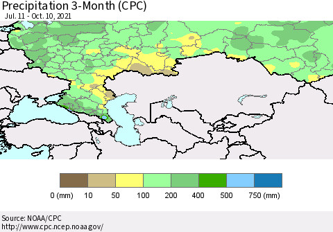 Russian Federation Precipitation 3-Month (CPC) Thematic Map For 7/11/2021 - 10/10/2021