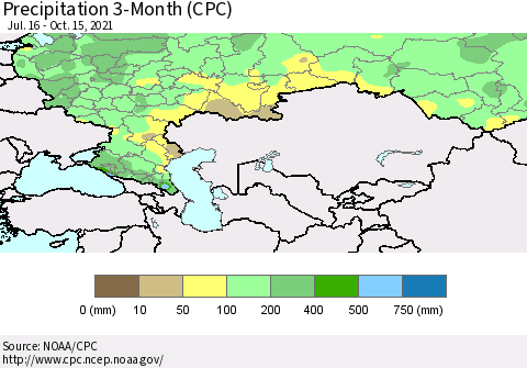 Russian Federation Precipitation 3-Month (CPC) Thematic Map For 7/16/2021 - 10/15/2021