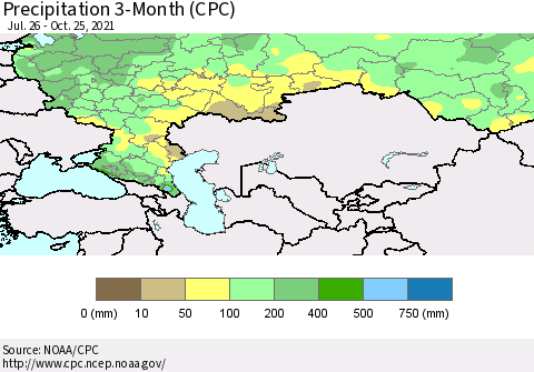 Russian Federation Precipitation 3-Month (CPC) Thematic Map For 7/26/2021 - 10/25/2021