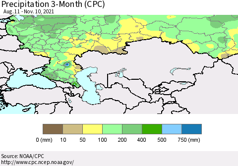 Russian Federation Precipitation 3-Month (CPC) Thematic Map For 8/11/2021 - 11/10/2021