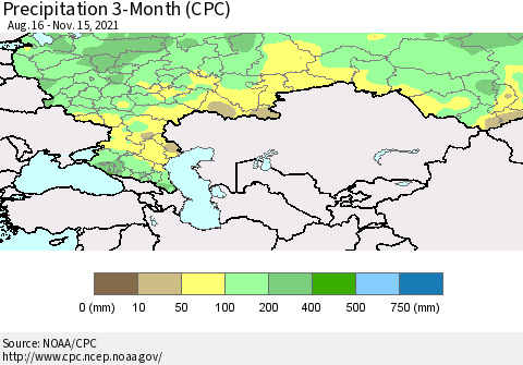 Russian Federation Precipitation 3-Month (CPC) Thematic Map For 8/16/2021 - 11/15/2021