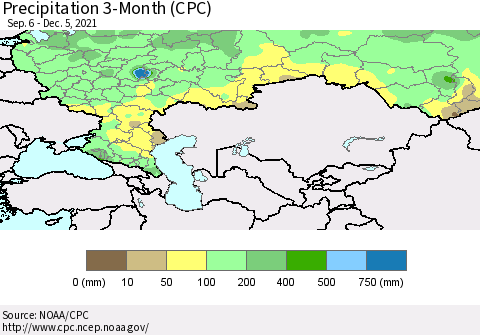 Russian Federation Precipitation 3-Month (CPC) Thematic Map For 9/6/2021 - 12/5/2021
