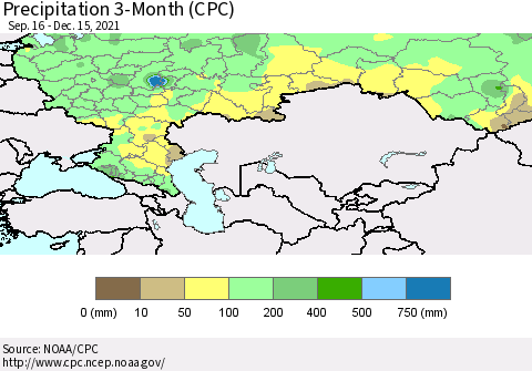 Russian Federation Precipitation 3-Month (CPC) Thematic Map For 9/16/2021 - 12/15/2021
