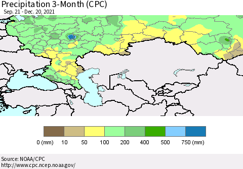 Russian Federation Precipitation 3-Month (CPC) Thematic Map For 9/21/2021 - 12/20/2021