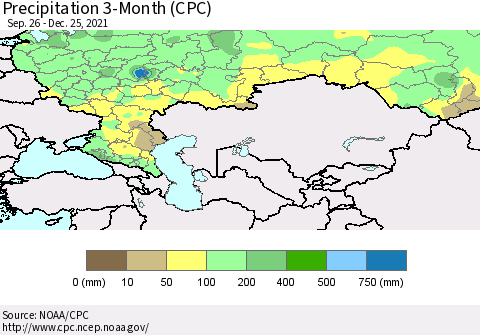 Russian Federation Precipitation 3-Month (CPC) Thematic Map For 9/26/2021 - 12/25/2021