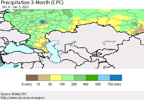 Russian Federation Precipitation 3-Month (CPC) Thematic Map For 10/6/2021 - 1/5/2022