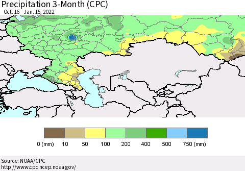 Russian Federation Precipitation 3-Month (CPC) Thematic Map For 10/16/2021 - 1/15/2022
