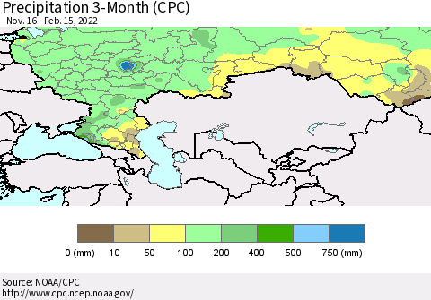 Russian Federation Precipitation 3-Month (CPC) Thematic Map For 11/16/2021 - 2/15/2022