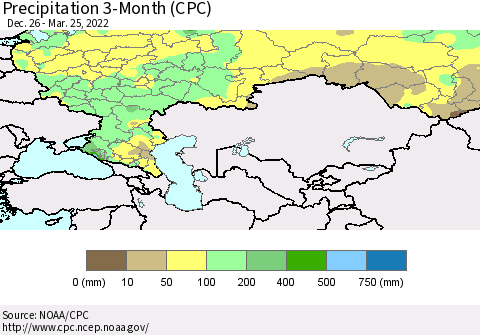 Russian Federation Precipitation 3-Month (CPC) Thematic Map For 12/26/2021 - 3/25/2022