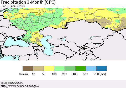Russian Federation Precipitation 3-Month (CPC) Thematic Map For 1/6/2022 - 4/5/2022