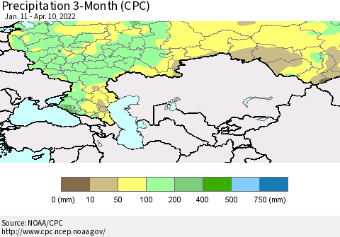 Russian Federation Precipitation 3-Month (CPC) Thematic Map For 1/11/2022 - 4/10/2022