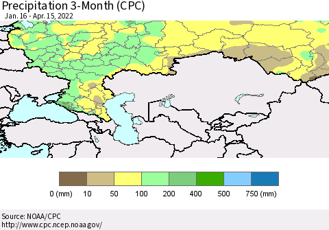 Russian Federation Precipitation 3-Month (CPC) Thematic Map For 1/16/2022 - 4/15/2022