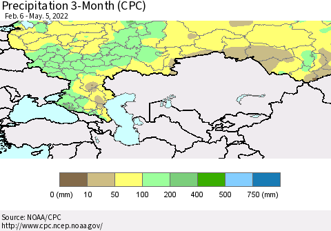 Russian Federation Precipitation 3-Month (CPC) Thematic Map For 2/6/2022 - 5/5/2022