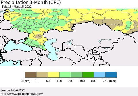 Russian Federation Precipitation 3-Month (CPC) Thematic Map For 2/16/2022 - 5/15/2022