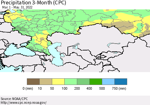 Russian Federation Precipitation 3-Month (CPC) Thematic Map For 3/1/2022 - 5/31/2022