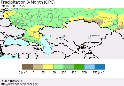 Russian Federation Precipitation 3-Month (CPC) Thematic Map For 3/6/2022 - 6/5/2022