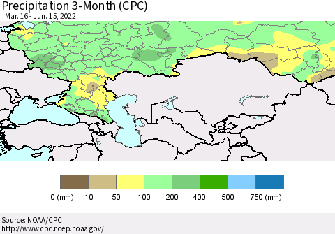 Russian Federation Precipitation 3-Month (CPC) Thematic Map For 3/16/2022 - 6/15/2022