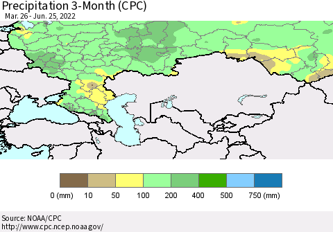 Russian Federation Precipitation 3-Month (CPC) Thematic Map For 3/26/2022 - 6/25/2022