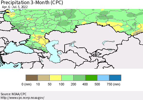 Russian Federation Precipitation 3-Month (CPC) Thematic Map For 4/6/2022 - 7/5/2022