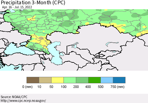 Russian Federation Precipitation 3-Month (CPC) Thematic Map For 4/16/2022 - 7/15/2022