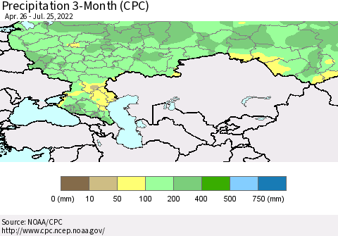 Russian Federation Precipitation 3-Month (CPC) Thematic Map For 4/26/2022 - 7/25/2022
