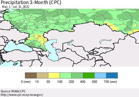 Russian Federation Precipitation 3-Month (CPC) Thematic Map For 5/1/2022 - 7/31/2022