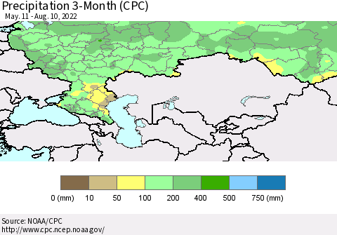 Russian Federation Precipitation 3-Month (CPC) Thematic Map For 5/11/2022 - 8/10/2022